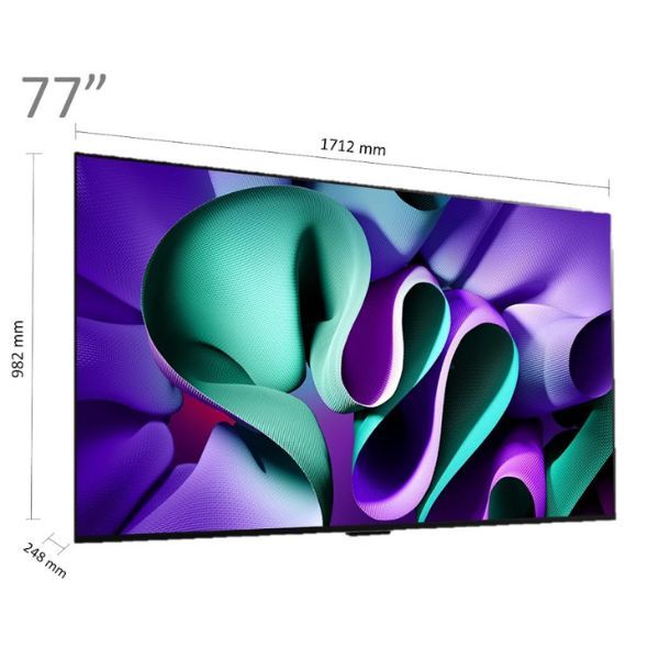 מידות טלוויזיה LG OLED SIGNATURE M4 בגודל 77 אינץ' תמונה זו מציגה את המידות של טלוויזיית LG OLED SIGNATURE M4 בגודל 77 אינץ' ללא המעמד. רוחב: 1712 מ
