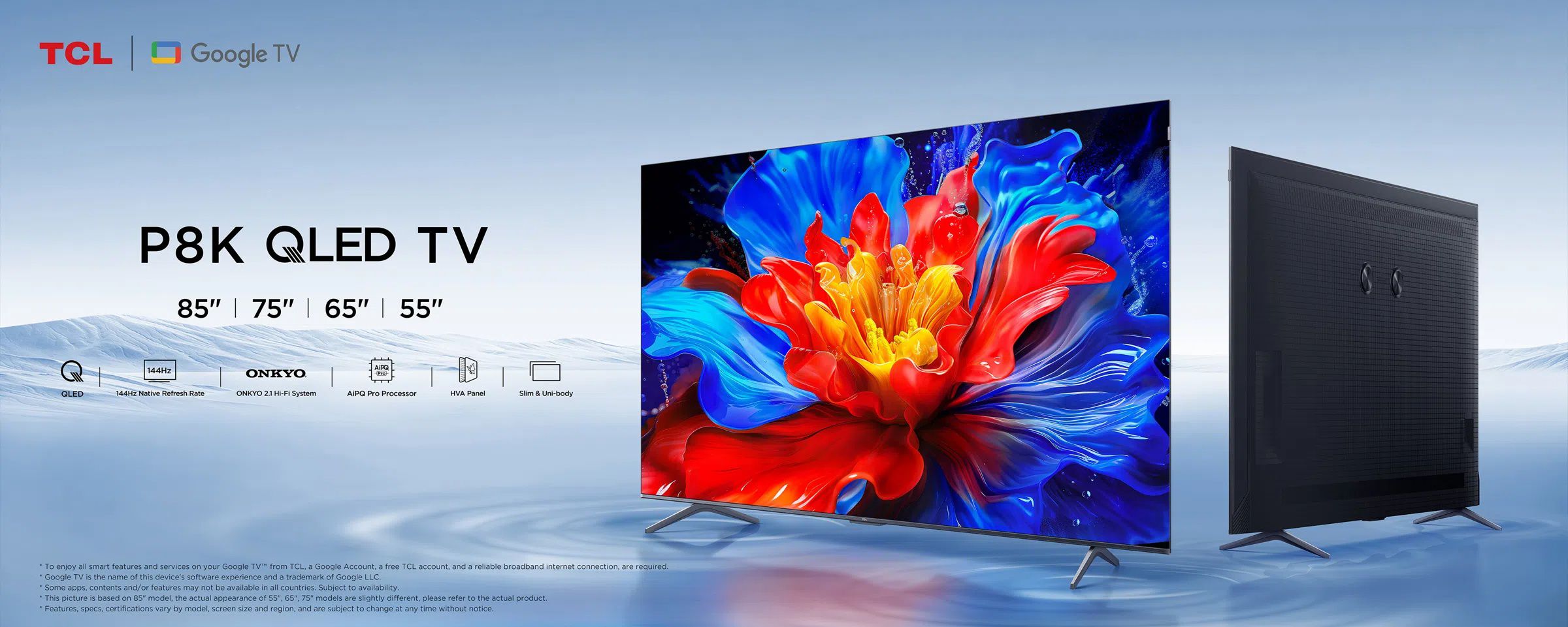 טלוויזיה TCL 65 אינץ' QLED דגם P8K עם Google TV, קצב רענון 144Hz וסאונד ONKYO תצוגה של טלוויזיית TCL חכמה בגודל 65 אינץ' מדגם P8K עם מסך QLED מתקדם, קצב רענון 144Hz, מערכת סאונד ONKYO, פאנל HVA, ממשק Google TV ועיצוב דק במיוחד.
