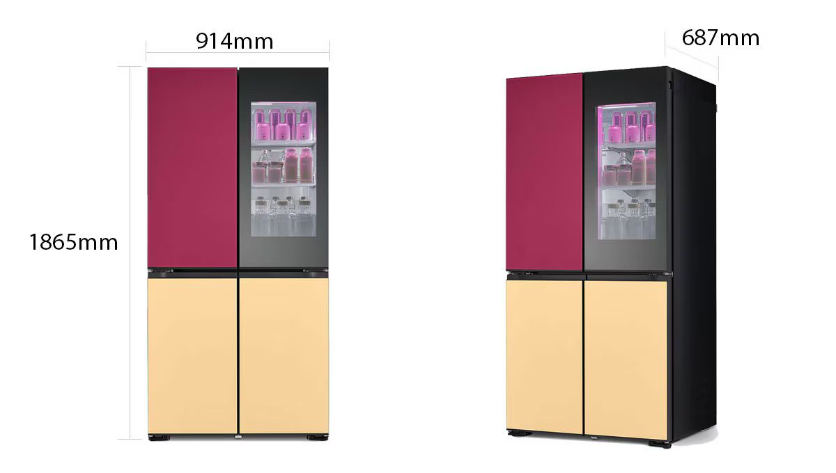 מידות בס״מ מקרר חכם 4 דלתות מקפיא תחתון בנפח 617 ליטר LG דגם GMV960NNME עיצוב מודרני: המקרר בעל מראה אלגנטי ומינימליסטי עם ידיות נסתרות. צבעוניות משתנה: ניתן לראות שילוב צבעים של ורוד כהה וחום בהיר, המדגיש את יכולת שינוי הצבעים של MoodUP. InstaView: חלון זכוכית בדלת הימנית העליונה, המאפשר הצצה לתוך המקרר מבלי לפתוח את הדלת. ארבע דלתות: שתי דלתות עליונות לשם תא הקירור ושתי דלתות תחתונות לשם תא ההקפאה. מידות: המידות של המקרר מוצגות על התמונה: גובה 1865 מ