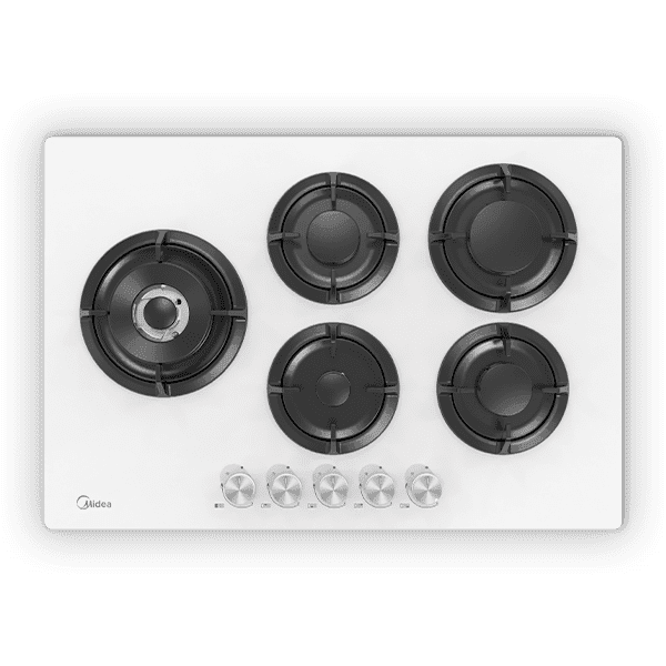 כיריים גז Midea 75GP503-W – זכוכית לבנה עם 5 מבערים ושליטה מדויקת | יבואן רשמי