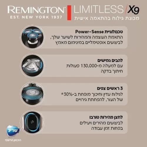 מכונת גילוח רוטורית REMINGTON LIMITLESS X9 XR1790 – גילוח חכם בהתאמה אישית | יבואן רשמי-משלוח מהיר