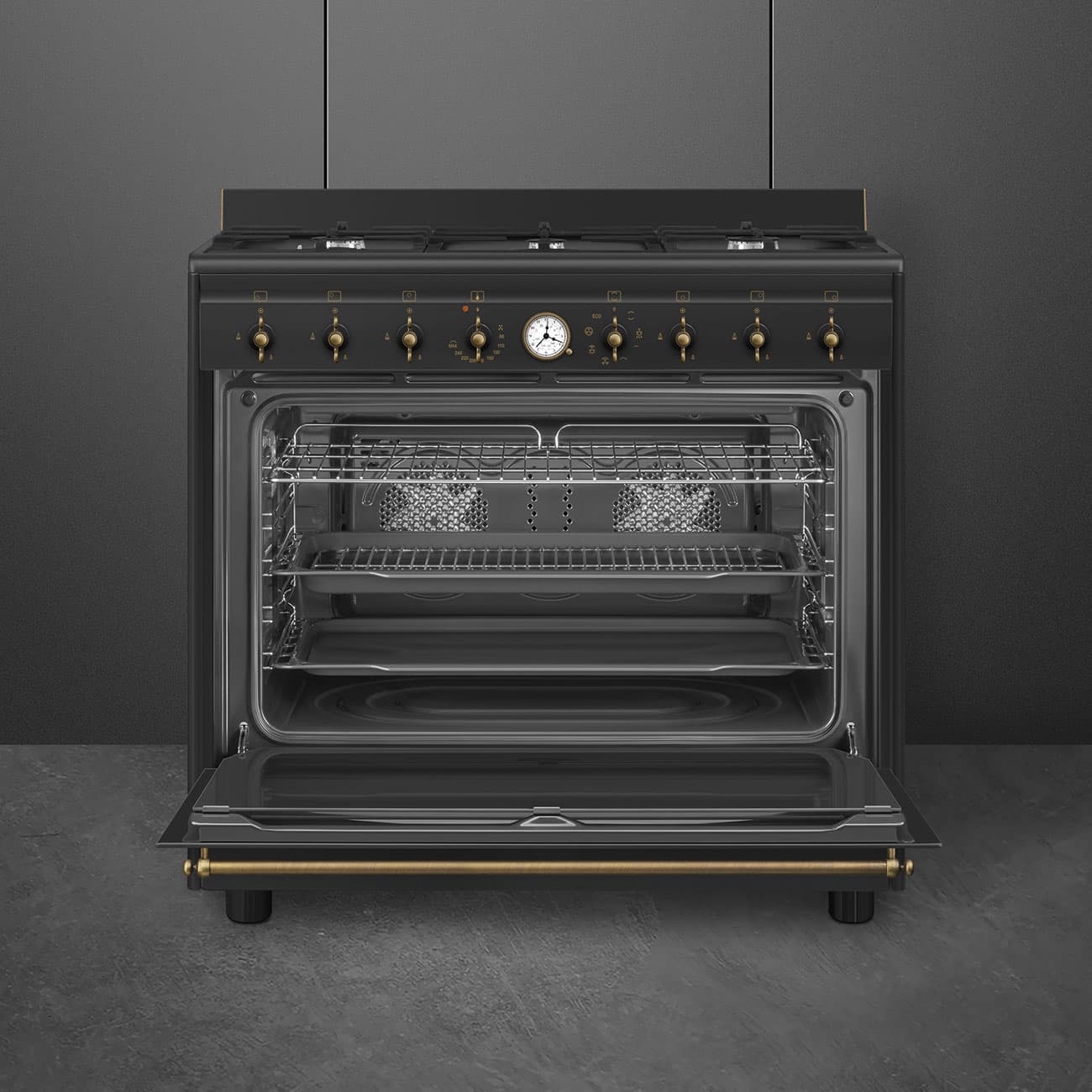 SMEG CO96 Black - תנור משולב כיריים גז ברוחב 90 ס״מ 6 להבות עיצוב איטלקי