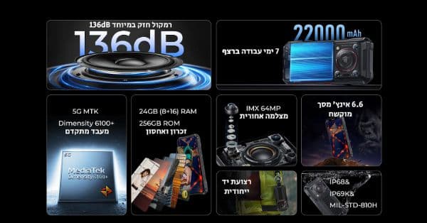 טלפון סלולרי משוריין Oukitel WP33 Pro 256GB 8GB RAM  - יבואן רשמי