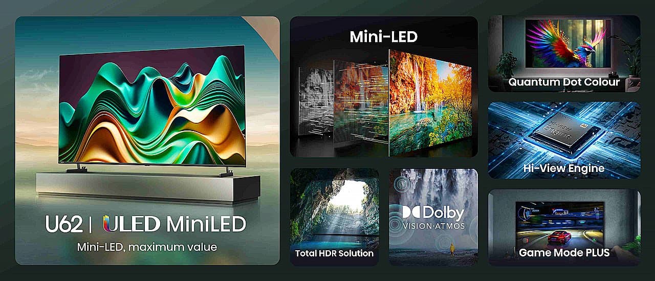 טלוויזיה חכמה 65 אינץ' Hisense 65U62NQ ULED MiniLED יבואן רשמי