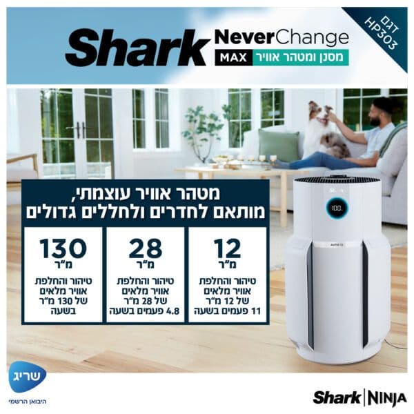 מסנן ומטהר אוויר SHARK NeverChange HP303 – פילטר HEPA עד 5 שנים וטיהור עד 130 מ״ר | יבואן רשמי-משלוח מהיר