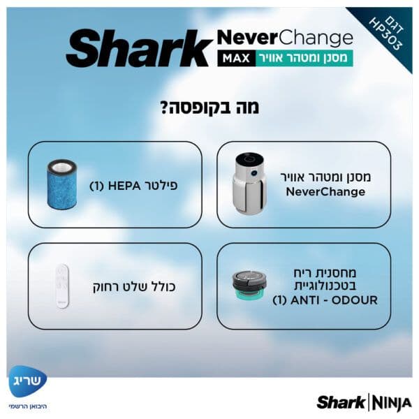 מסנן ומטהר אוויר SHARK NeverChange HP303 – פילטר HEPA עד 5 שנים וטיהור עד 130 מ״ר | יבואן רשמי-משלוח מהיר