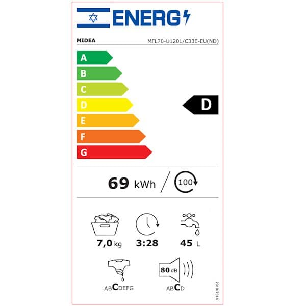 מכונת כביסה פתח קדמי 7 ק״ג Midea MFL70-U1201 עד 1200 סל״ד | חסכונית וחכמה | יבואן רשמי