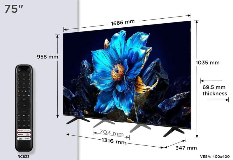 טלוויזיה חכמה 75 אינץ' דגם QLED 4K סדרה TCL 75P7K עם Google TV - יבואן רשמי