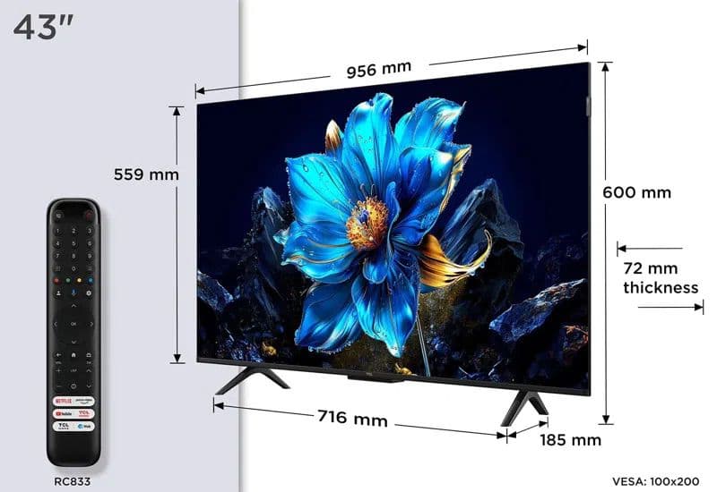 טלוויזיה חכמה 43 אינץ' TCL 43P7K מסך QLED 4K עם Google TV - יבואן רשמי
