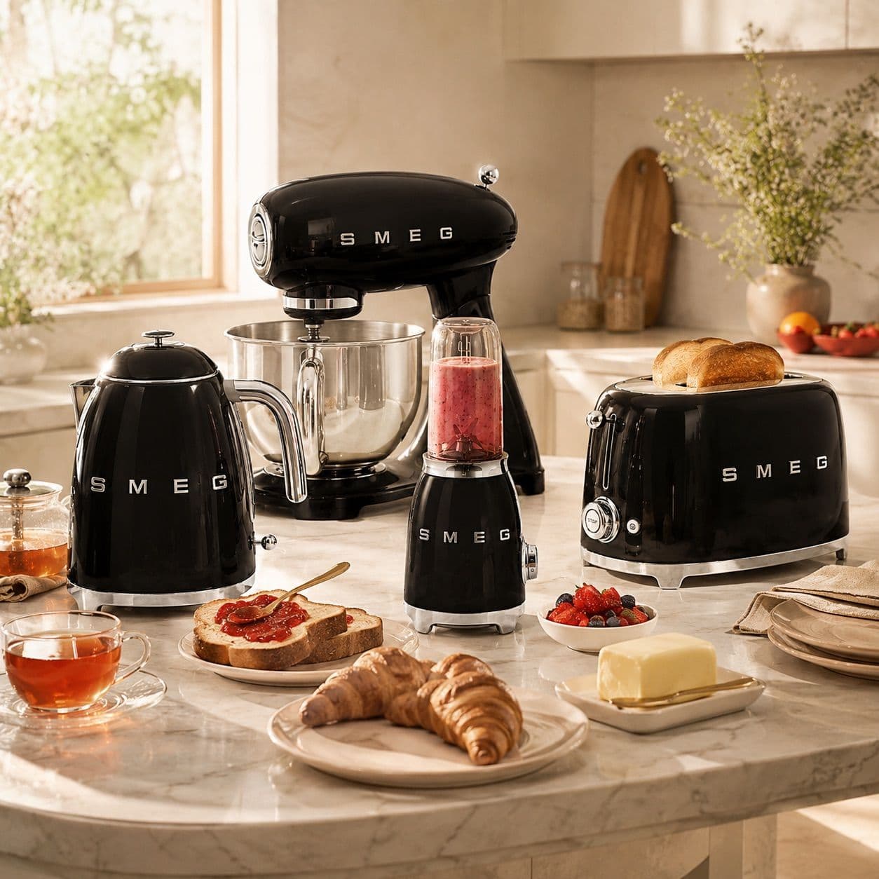 סט SMEG שחור 4 חלקים – מיקסר, קומקום, מצנם ובלנדר אישי מסדרת 50’s Style
