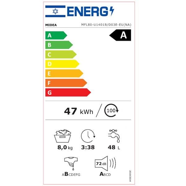 מכונת כביסה פתח קדמי 8 ק״ג Midea MFL80-U1401B עד 1400 סל״ד | חסכונית וחכמה | יבואן רשמי