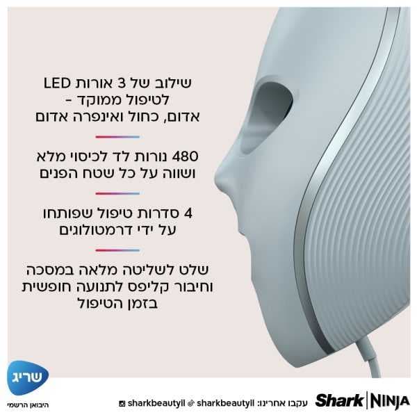 מסכת לד לפנים Shark Beauty CryoGlow FW312EU שארק עם 480 נורות iQLED וקירור InstaChill יבואן רשמי