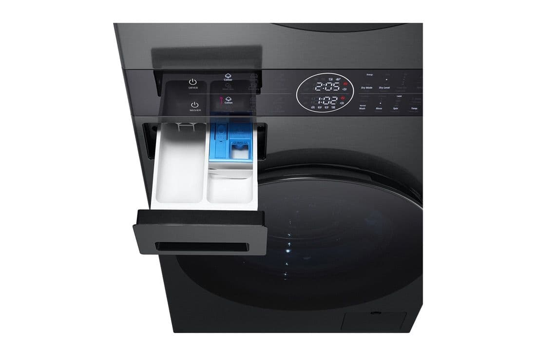 LG WT40 – מכונת כביסה 12 ק״ג + מייבש 10 ק״ג במגדל שחור יוקרתי
