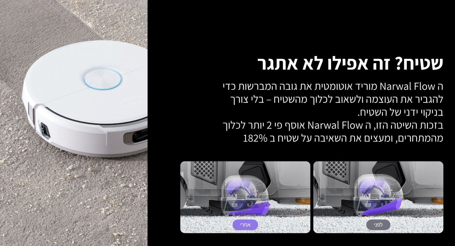 NARWAL Flow שואב אבק רובוטי שוטף 22,000Pa עם ריקון עצמי וניווט AI | יבואן רשמי-משלוח מהיר
