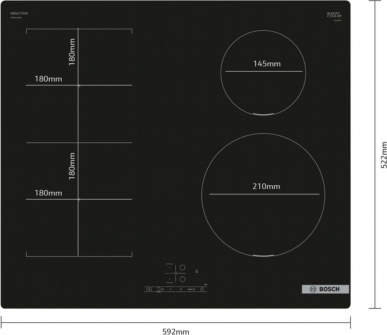 כיריים אינדוקציה חד פאזי BOSCH PWP611BB5E עם 4 אזורי בישול - 60 ס"מ, שחור