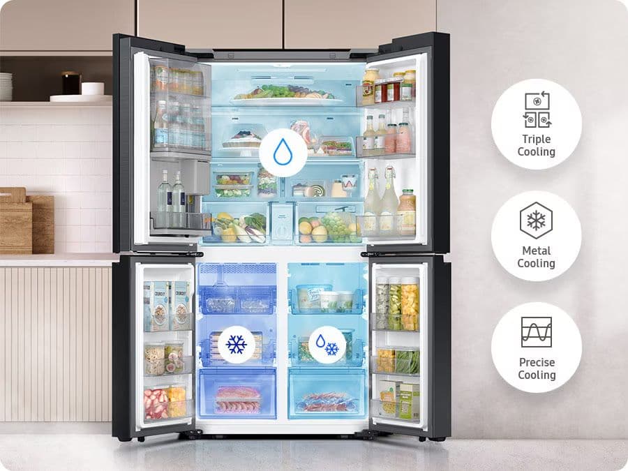 מקרר 4 דלתות 645 ליטר Samsung BESPOKE RF65DB970E22 סמסונג זכוכית שחורה בר מים פנימי, יצרן קרח כפול ופתיחה בנגיעה | משלוח מהיר