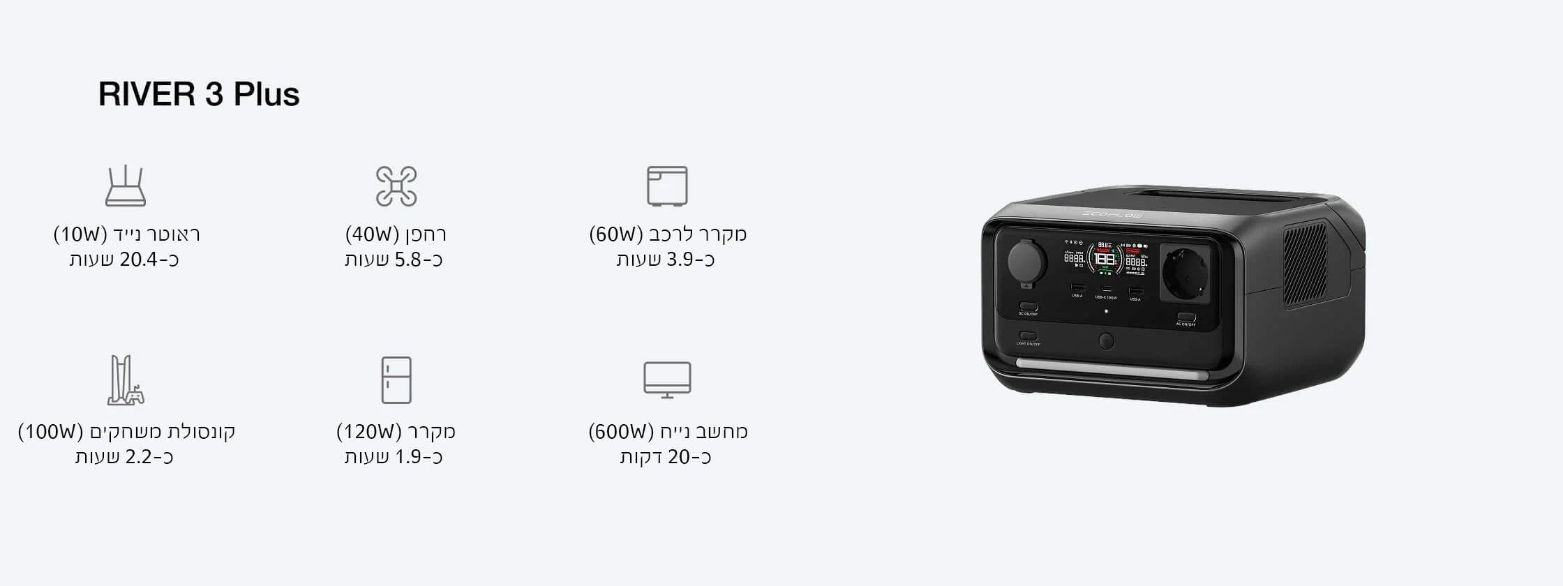 EcoFlow River 3 Max Plus-תחנת כוח ניידת  286Wh + הרחבה EB600 ל־858Wh | יבואן רשמי-משלוח מהיר