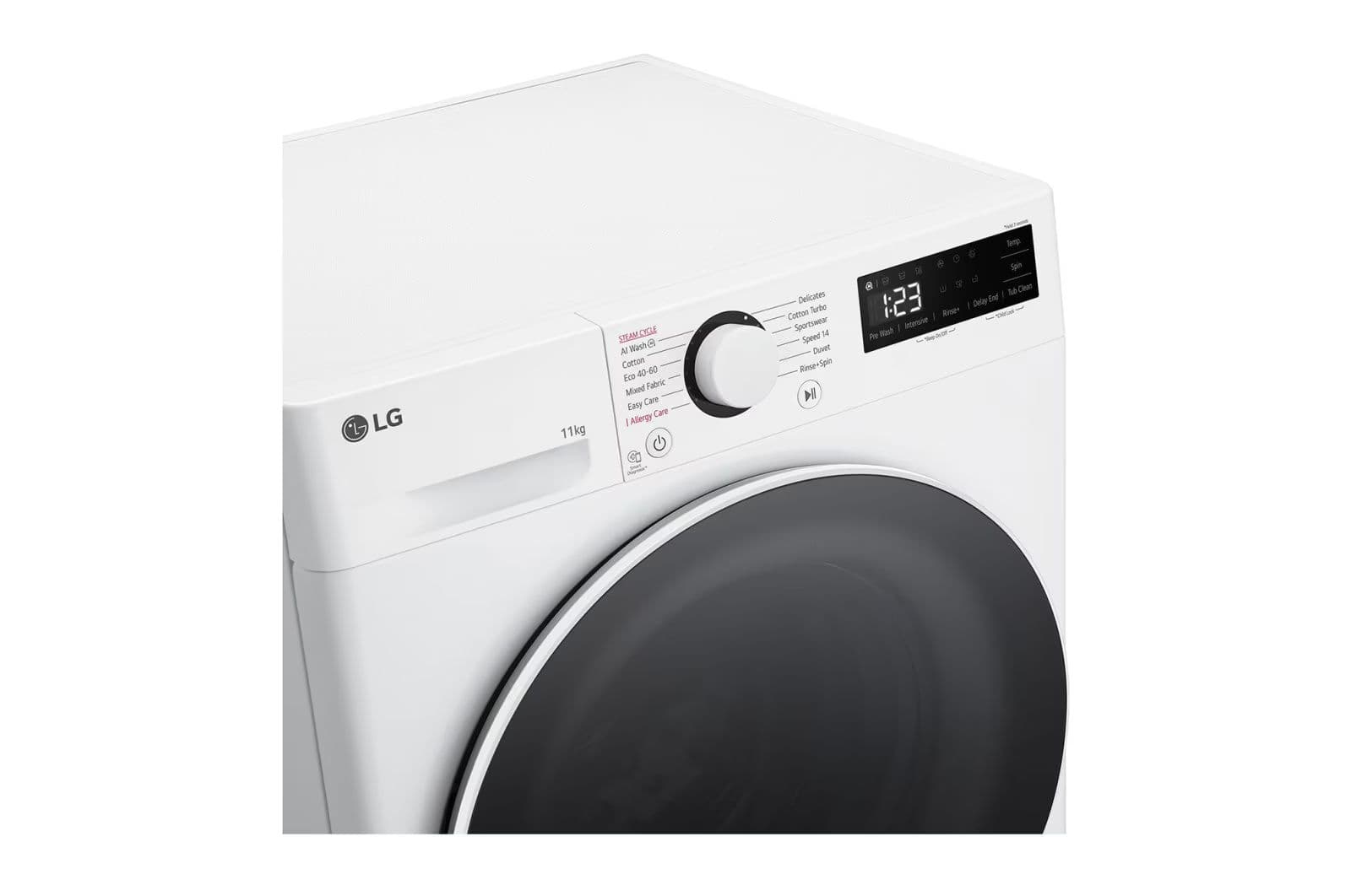 LG WF11114WBW: מכונת כביסה 11 ק"ג עם AI DD™, קיטור ודירוג A-10% אנרגטי | יבואן רשמי