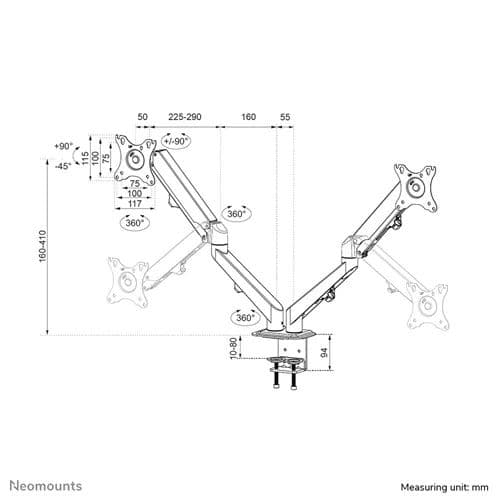 Neomounts DS70-700BL2 - זרוע שולחנית כפולה לשני מסכי מחשב 17–27 אינץ' עם בולמי גז | יבואן רשמי