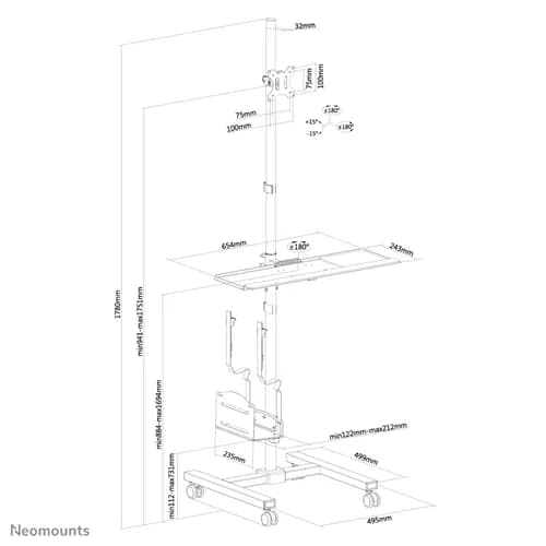 Neomounts FPMA-MOBILE1700 – תחנת עבודה ניידת למסכים 10"-32" עם מדף מחשב ומגש מקלדת | יבואן רשמי