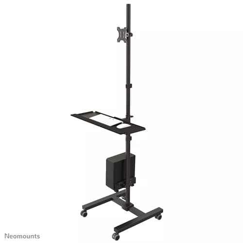Neomounts FPMA-MOBILE1700 – תחנת עבודה ניידת למסכים 10"-32" עם מדף מחשב ומגש מקלדת | יבואן רשמי