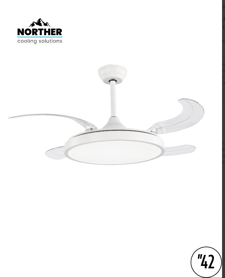 מאוורר תקרה NORTHER ROSE ‏42″ דגם NT-ROS42-W-L לבן עם כנפיים מתקפלות, תאורת LED ושלט משלוח מהיר