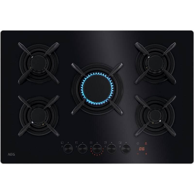 כיריים גז AEG HKB75453NB – 75 ס״מ, 5 להבות, זכוכית שחורה עם FlameLight, StepPower