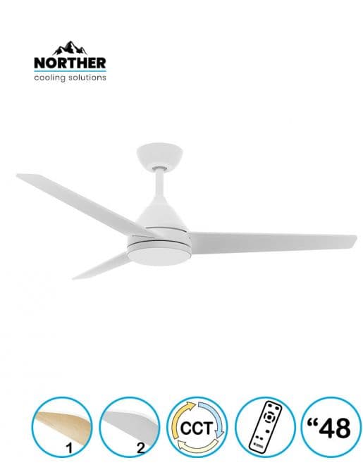 מאוורר תקרה NORTHER YOUNG NTP-YNG48-WHWD-LED בגודל 48" לבן ודמוי עץ עם תאורת לד ומנוע DC | יבואן רשמי