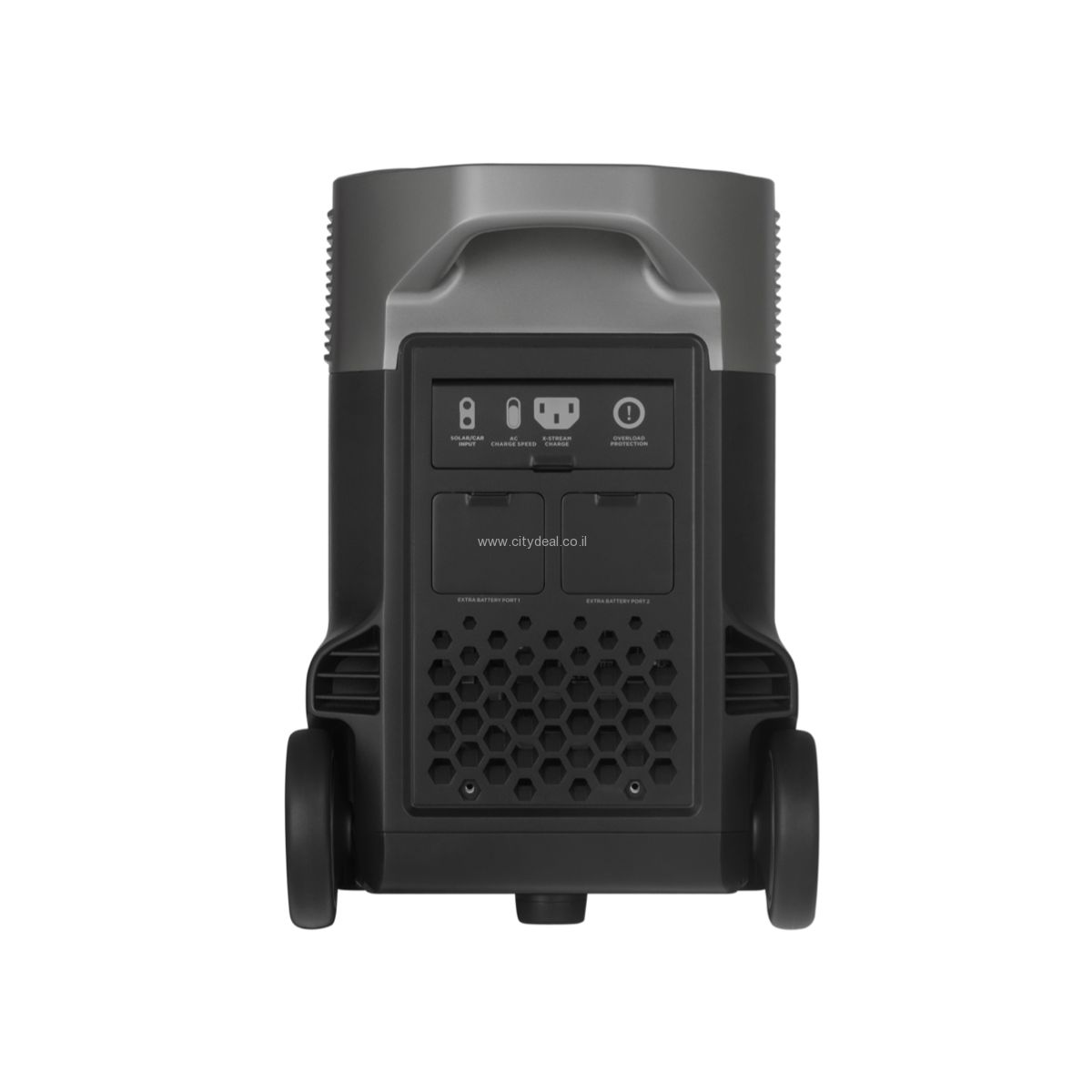 מסך LCD בתחנת כוח EcoFlow DELTA Pro להצגת נתוני טעינה, צריכה וזמן עבודה