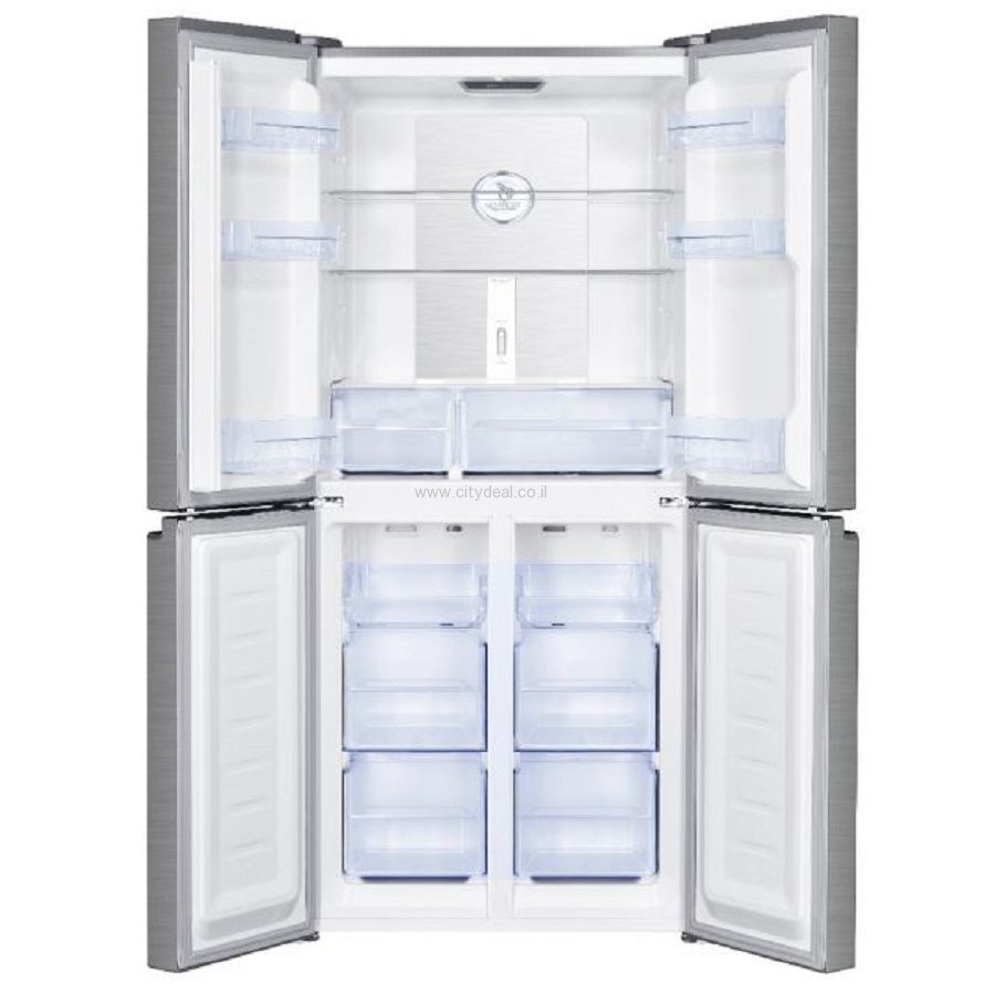 Haier HRF-4494BX - מבט פנימי על חלוקת האחסון מקרר Haier HRF-4494BX במצב פתוח עם חלוקה פנימית מרווחת