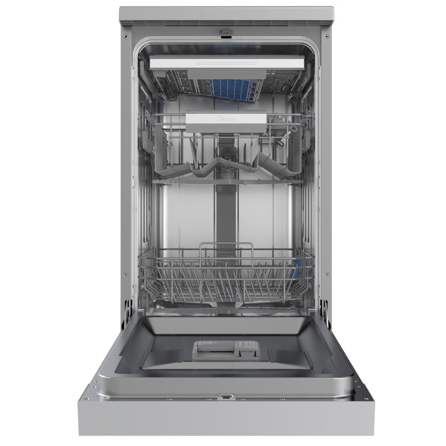 מדיח כלים Midea WQP8-W7634C-S במצב פתוח מדיח כלים צר Midea WQP8-W7634C-S במצב פתוח עם חלל פנימי לניצול מקסימלי