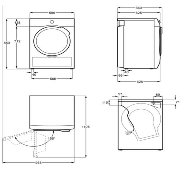 איור מידות מייבש כביסה קונדנסור AEG TX6G821 עם מעבה חום