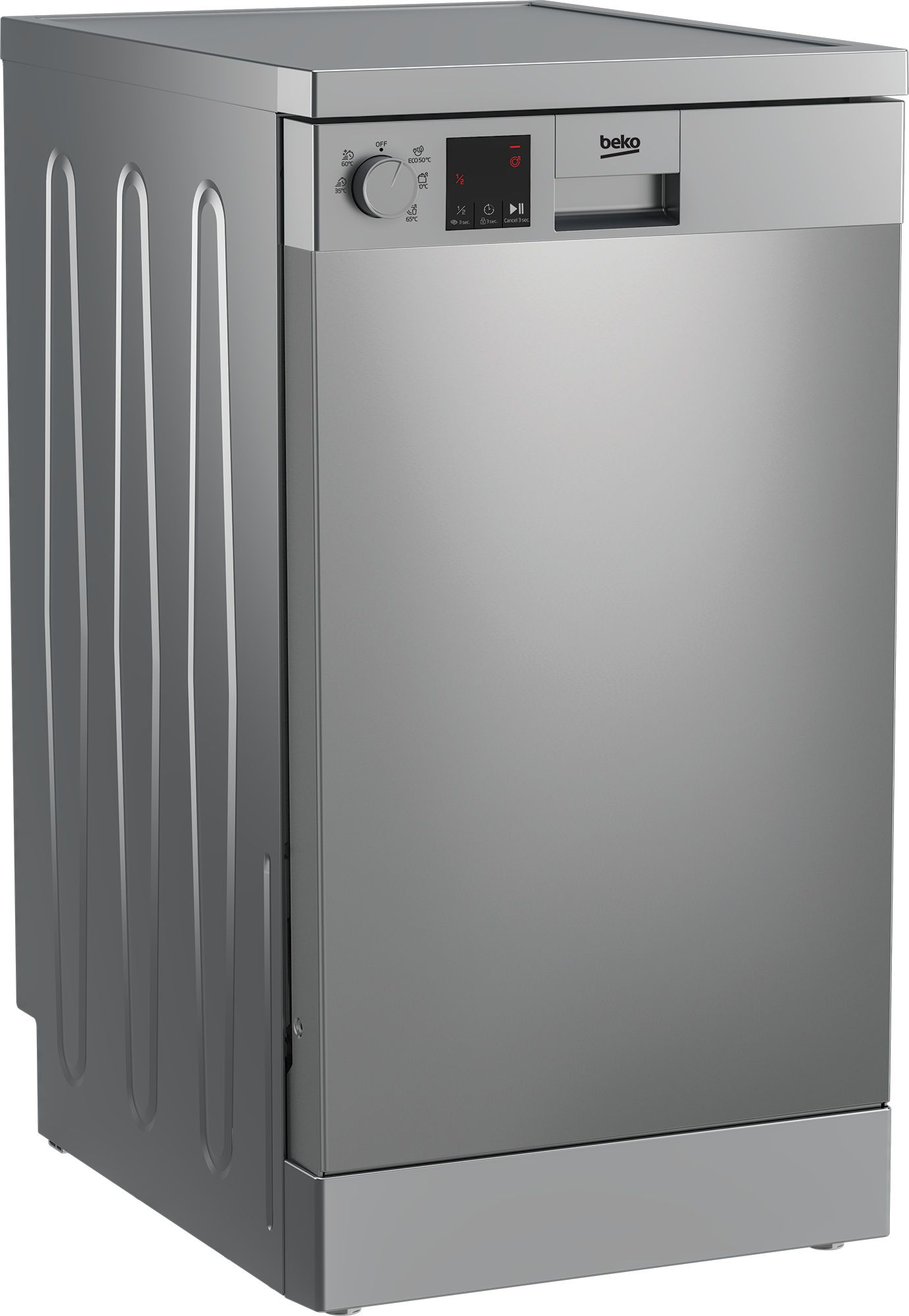 מבט צדדי ועיצוב נירוסטה Beko DVS05026X