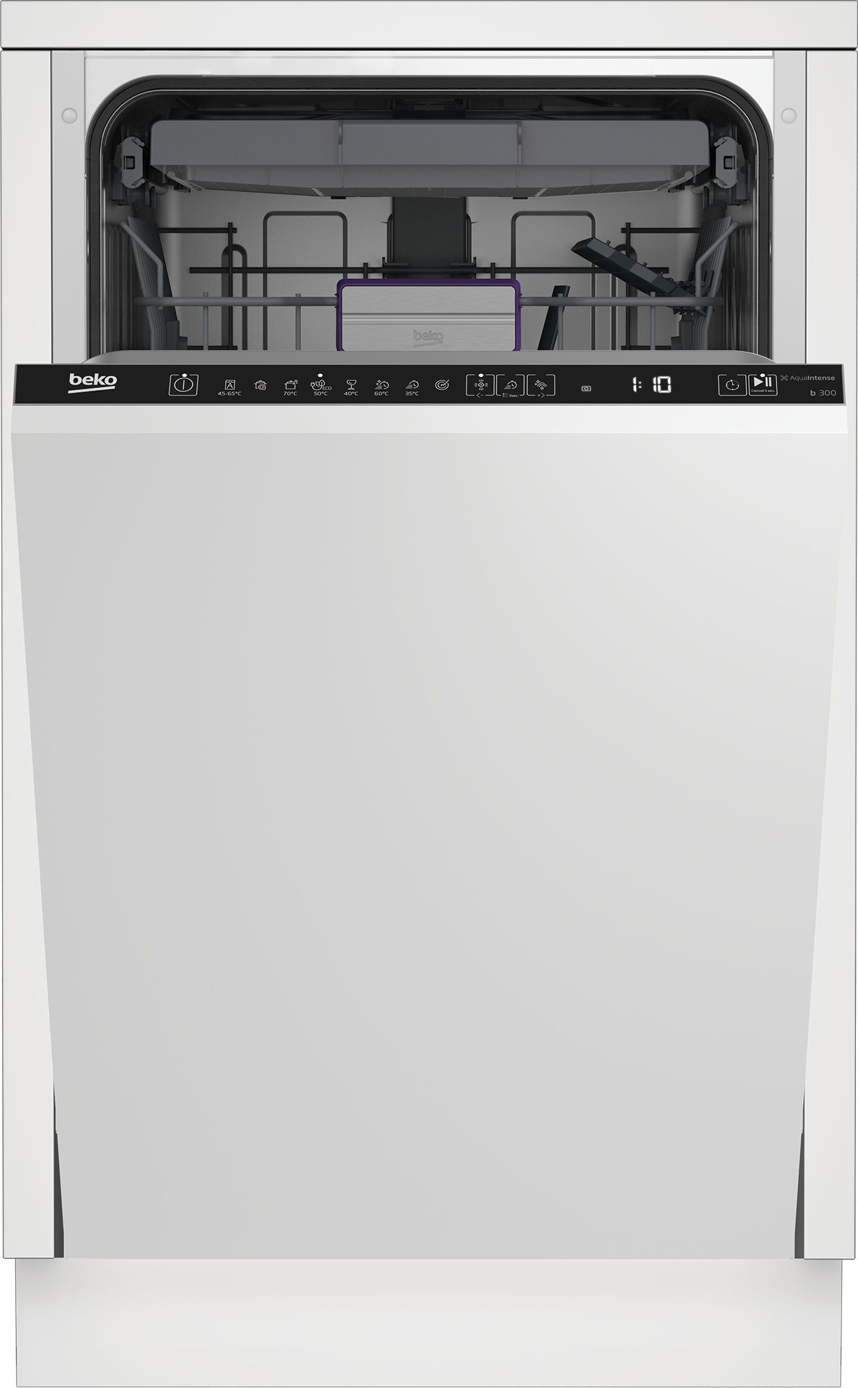 מדיח כלים אינטגרלי Beko DIS48120 בעל חזית לבנה נקייה, משתלב בצורה מושלמת בכל מטבח. 11 מערכות כלים, 8 תוכניות הדחה וטכנולוגיות מתקדמות מבטיחות ניקיון יסודי וחסכון באנרגיה.