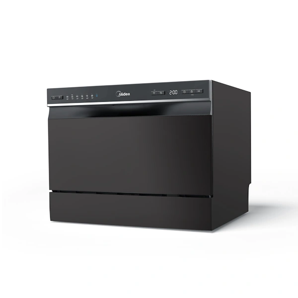 מדיח כלים קומפקטי Midea MDWT0602M על שיש במטבח, נפתח עם כלים נקיים ומבריקים