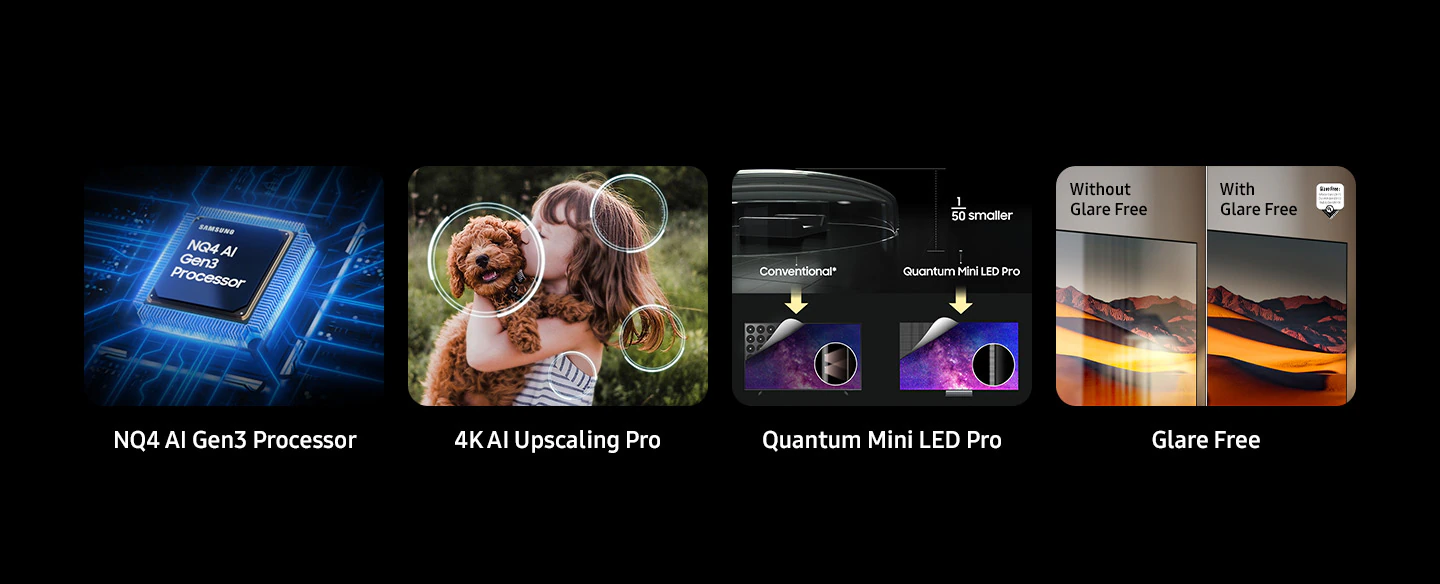 יתרונות מרכזיים Samsung QE55QN90F איכות תמונה Quantum Mini LED Pro Glare Free AI
