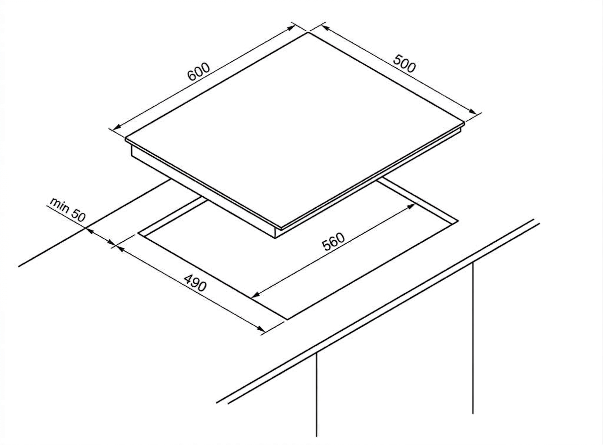 תרשים מידות התקנה כיריים גז Sauter SHG318W מידות חיתוך 56 על 49 סנטימטר