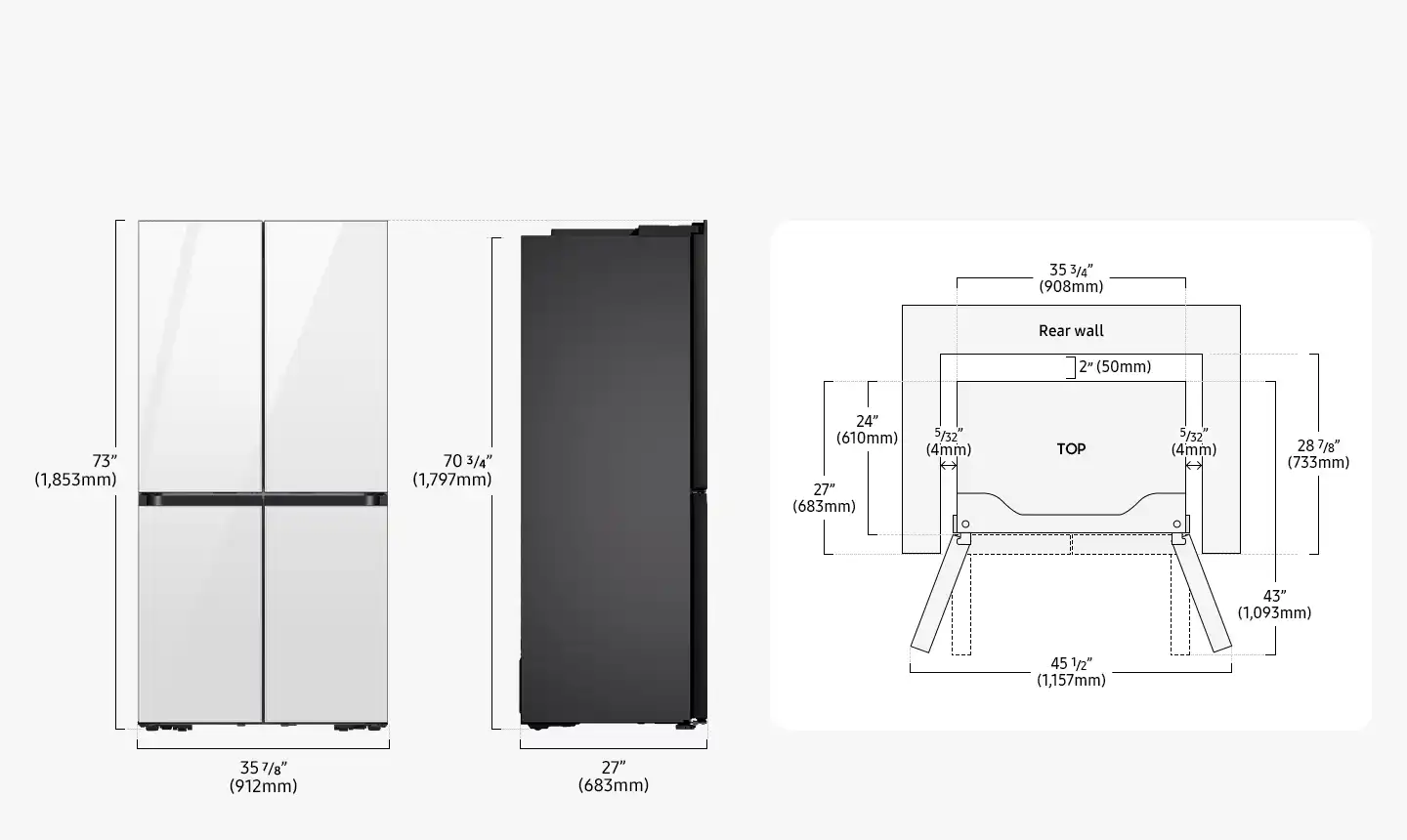 תרשים מידות מקרר Samsung RM70F63REB תרשים מידות מקרר Samsung RM70F63REB