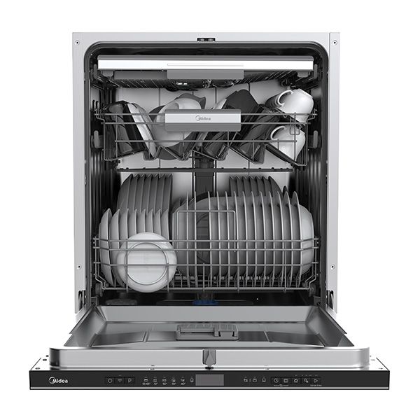 פנים מדיח כלים אינטגרלי Midea WQP12-W7703M עם סלסלות ותא סכו״ם