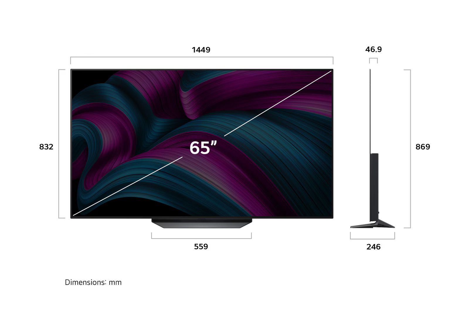 מידות טלוויזיה LG OLED65CS5VA כולל מעמד וללא מעמד