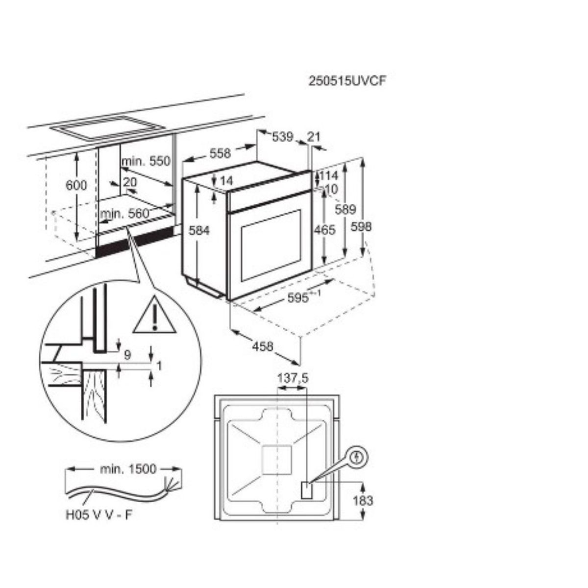 מידות התקנה Electrolux KOFEC40BK תנור בנוי שרטוט התקנה ומידות לתנור בנוי Electrolux KOFEC40BK