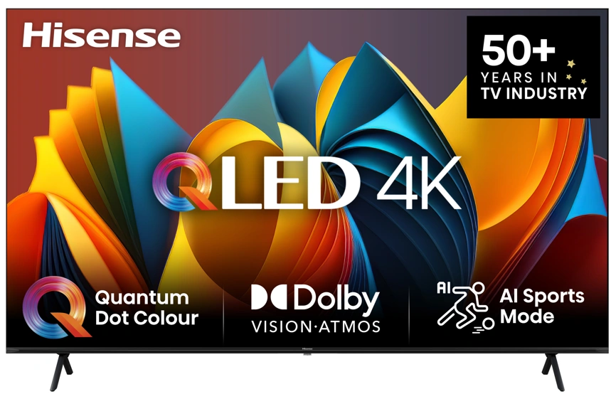 טלוויזיה Hisense 43E79NQ עם עיצוב ללא מסגרת ורגליים מטאליות