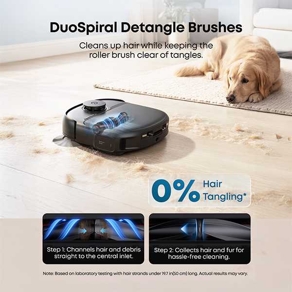 מברשות DuoSpiral eufy C28 Omni מנגנון מברשות DuoSpiral ומניעת הסתבכות שיער