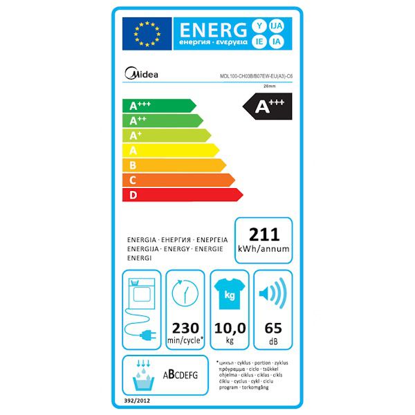 תווית אנרגיה של מייבש כביסה Midea MDL100-CH03B/B07EW דירוג A פלוס פלוס פלוס