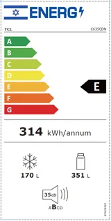 תווית דירוג אנרגטי של מקרר TCL C635CDN, דירוג E