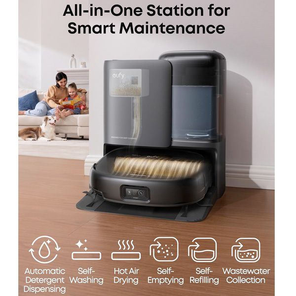 שואב אבק רובוטי eufy E25 Omni מזהה מכשולים באמצעות טכנולוגיית AI.See, מונע התנגשות עם חפצים קטנים כמו כבלים ונעליים.