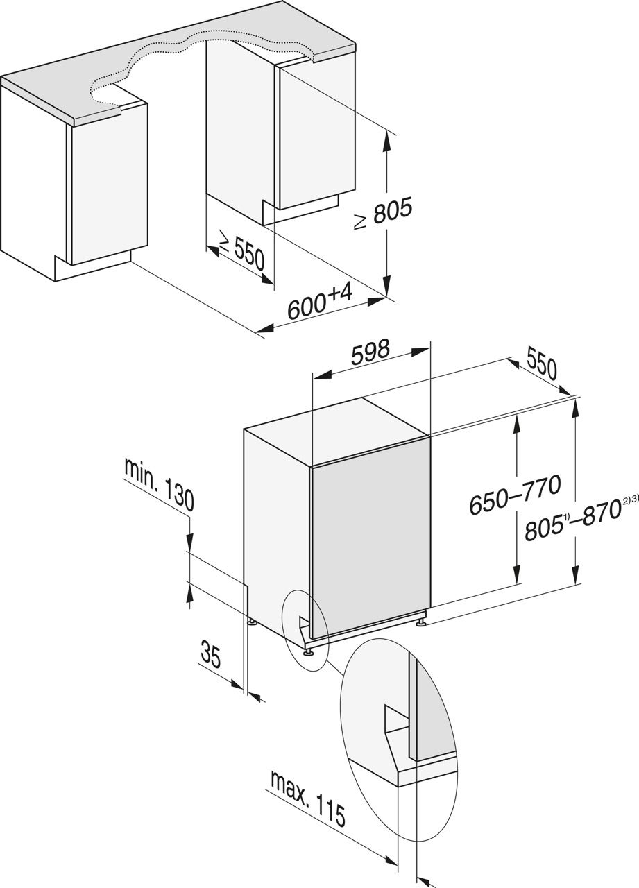 תרשים התקנה גדול למדיח Miele G5150 SCVi - מידות גומחה וחזית תרשים התקנה גדול ומידות גומחה למדיח כלים אינטגרלי מלא Miele G5150 SCVi