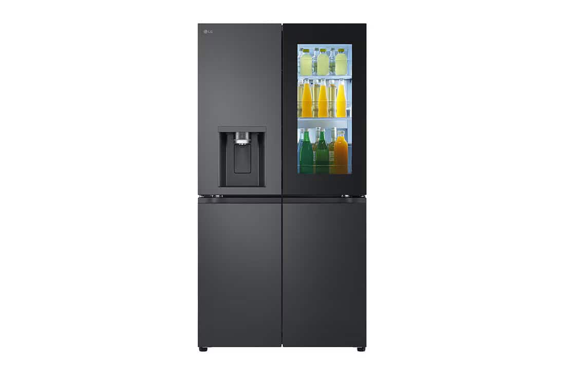 LG GMG960 מקרר 4 דלתות שחור מט – מבט חזית עם דלת Knock Knock