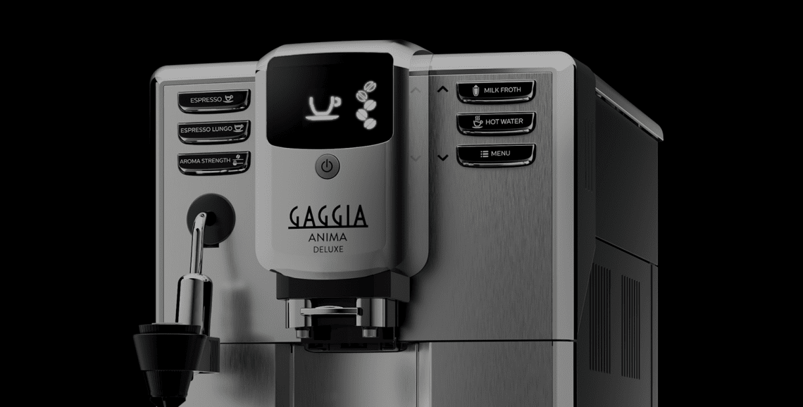 Gaggia Anima Deluxe – מכונת קפה אוטומטית איטלקית עם מקציף חלב מכונת קפה אוטומטית Gaggia Anima Deluxe עם צג LCD ולחצני שליטה – תצוגת חזית