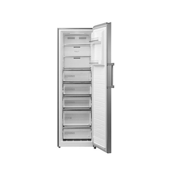 Midea HS-364FWEN מצב פתוח – 5 מגירות שקופות ו־3 תאים פתוחים מקפיא Midea HS-364FWEN פתוח עם 8 תאים לאחסון קפוא מסודר